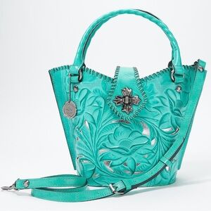 🌷Patricia Nash🌷100% Handmade Leather Crossbody, Tote/Bag, Green/Teal/Aqua NWT